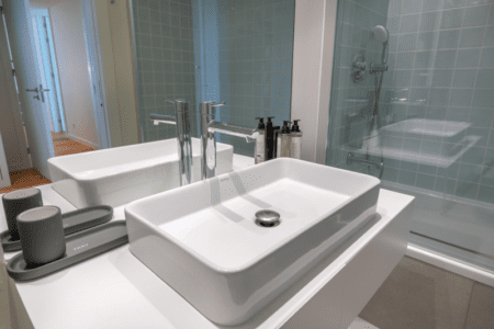 Safia bathroom at Bayline, Armação de Pêra: white vessel basin with chrome taps and toiletries