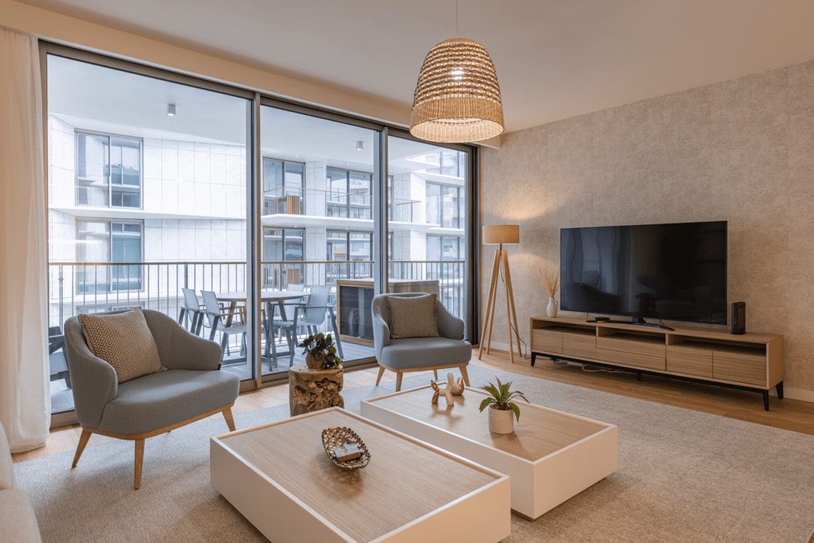Bezugo living room at Bayline, Armação de Pêra: armchairs, TV and glass doors to the balcony
