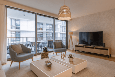 Bezugo living room at Bayline, Armação de Pêra: armchairs, TV and glass doors to the balcony